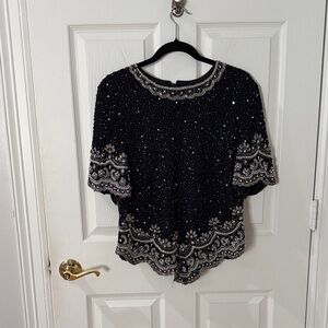 Vintage 100% SILK Embellished Black Beaded Womens Top formal COLLECTION MED